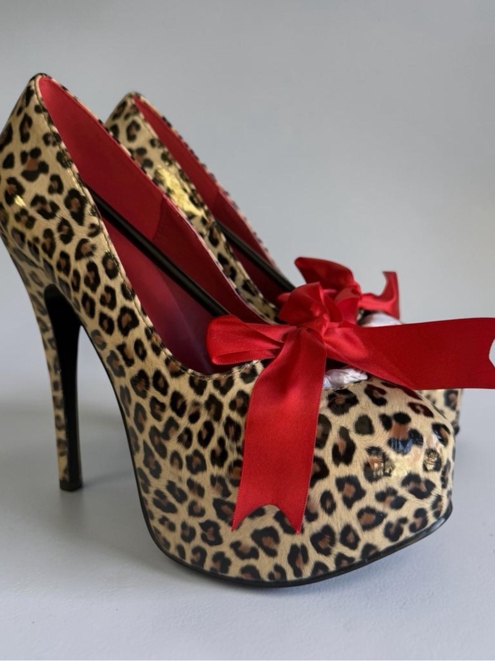 Leopard Print Platform Heels Bordello Pleaser Teeze-12 Red Bow Size 8 NIB New